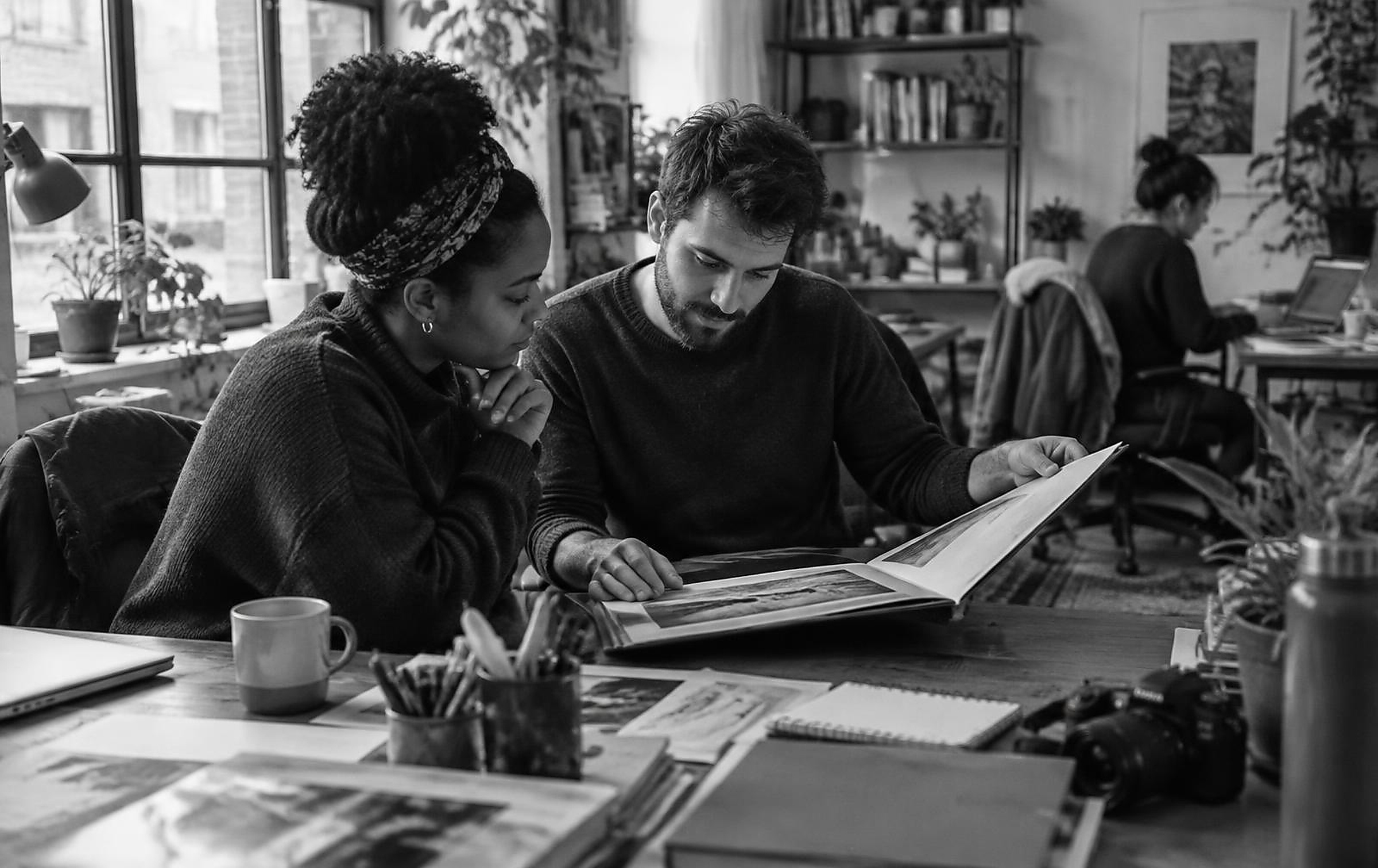 Black and white candid photograph of two creative colleagues reviewing a project folder in a working studio