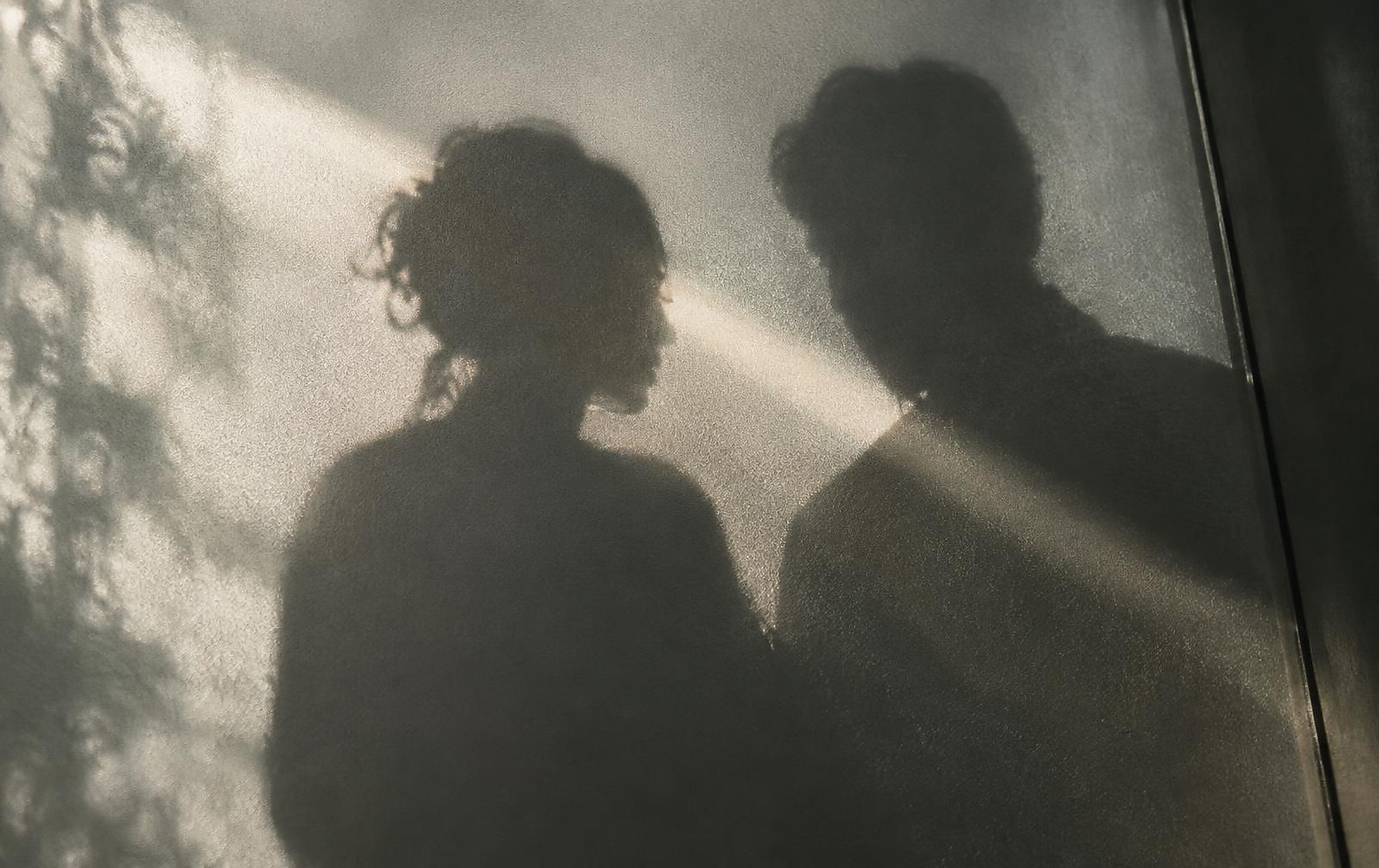 Abstract photograph of two human shadows meeting across textured glass