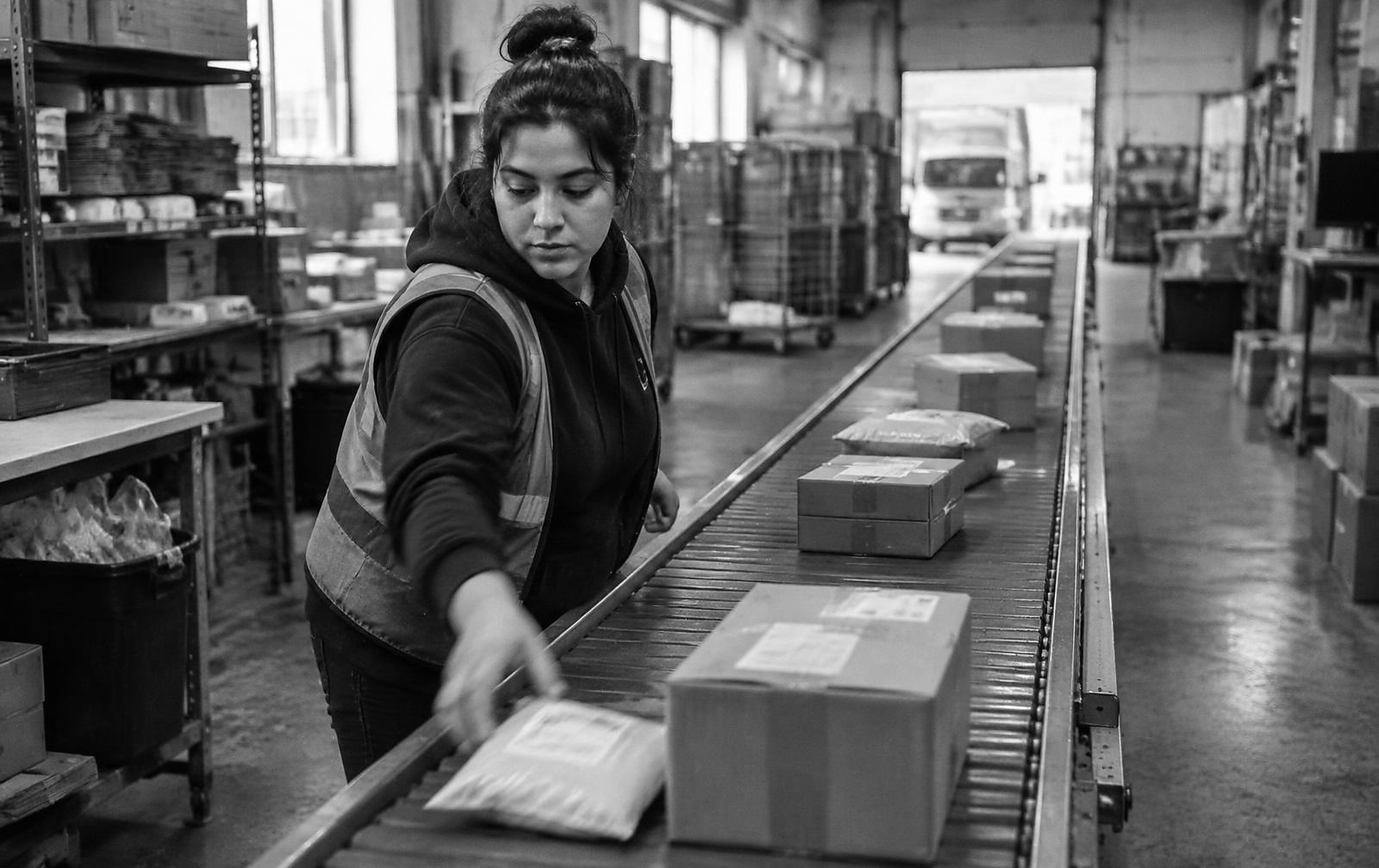 Black and white candid photograph of a worker moving parcels through an ecommerce warehouse