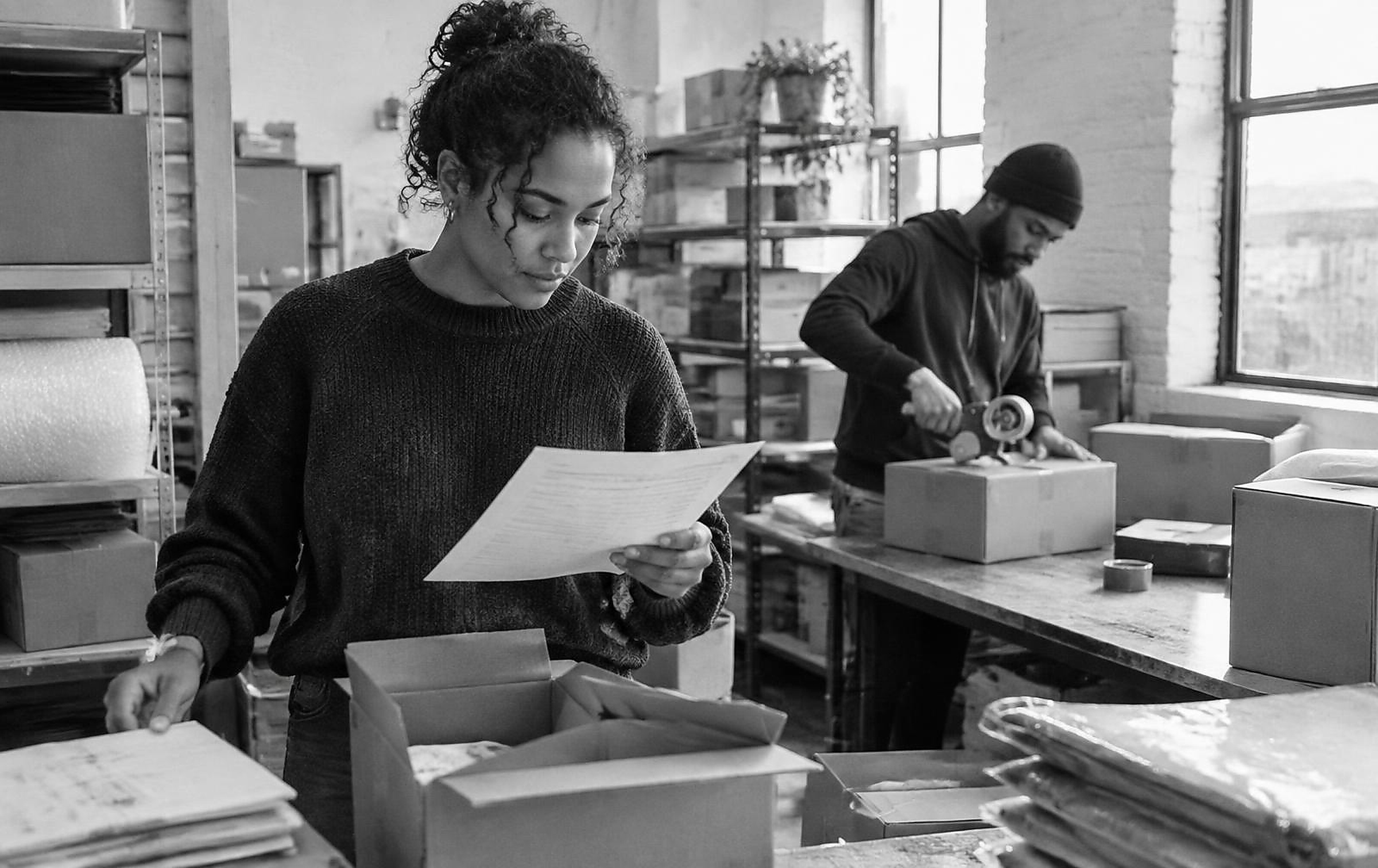 Black and white candid photograph of two people packing ecommerce orders in a small workspace