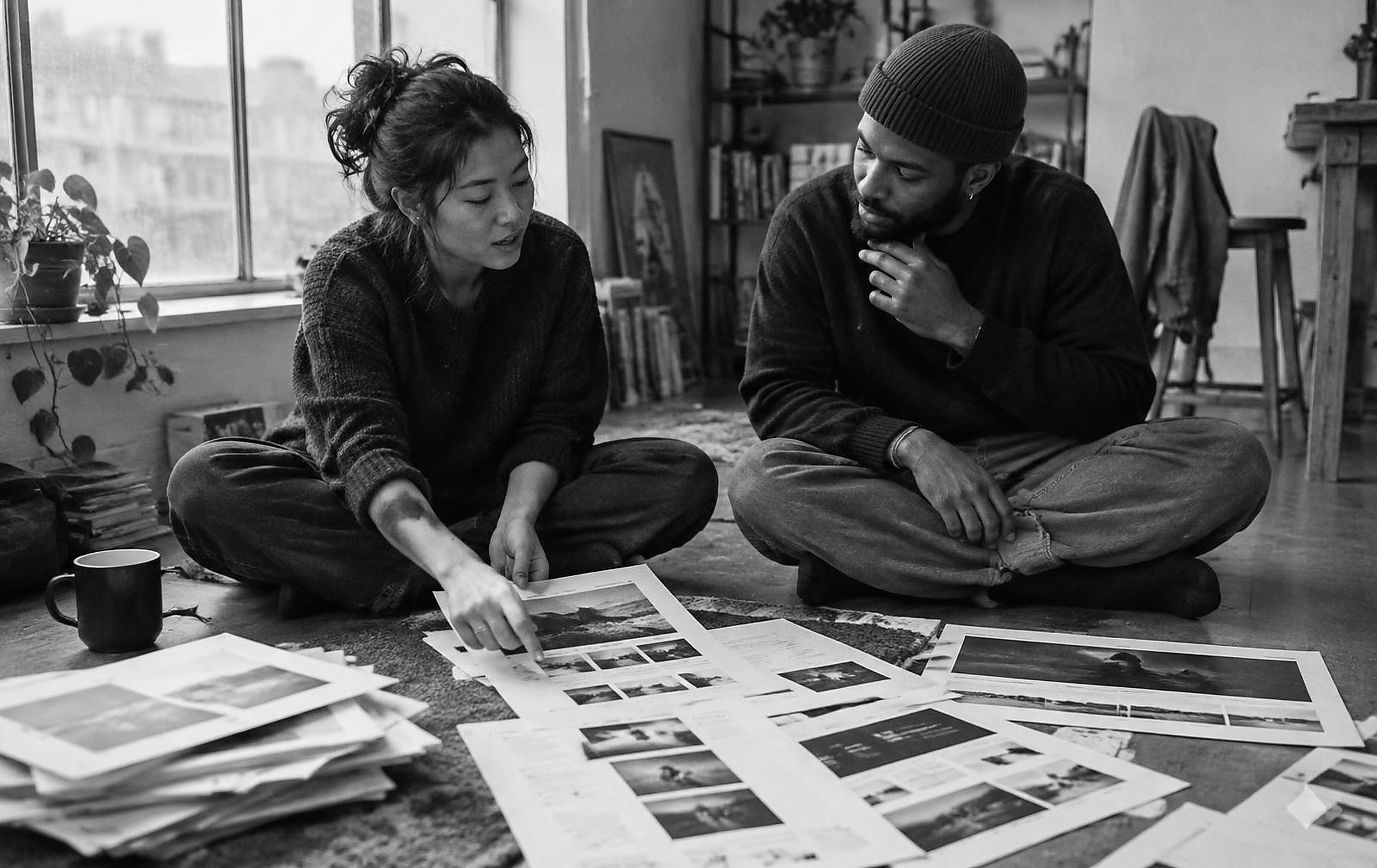 Black and white candid photograph of two designers reviewing printed website layouts on a studio floor
